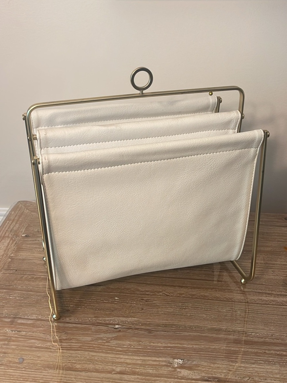 Cream Faux Leather Magazine Organizer with Gold Frame